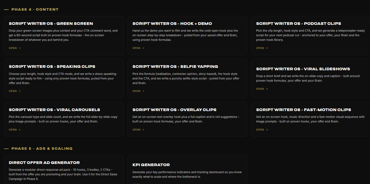 The Room30 Script Writer OS — generates ready-to-film scripts for green screen, hooks, carousels and more